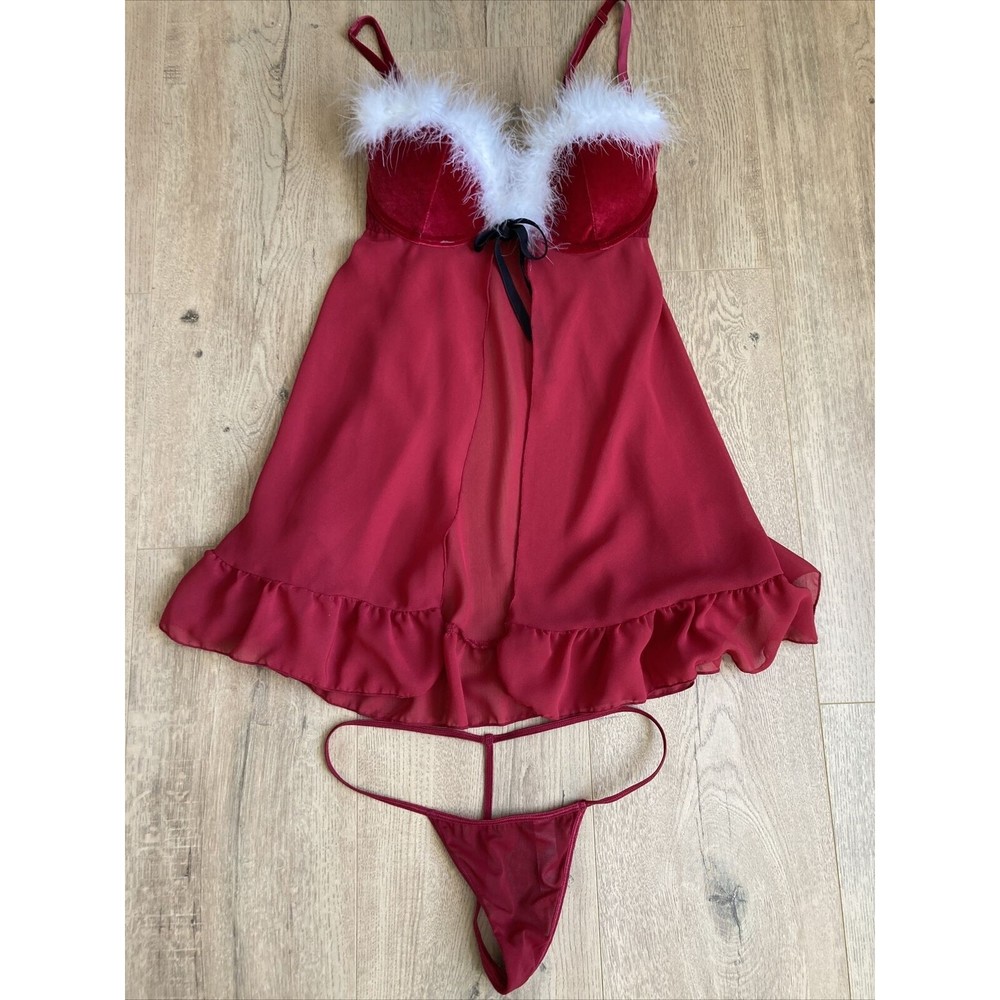 VTG Inner Secrets Red Santa Baby Boa Trim Babydoll Nightie Top Lingerie Size S